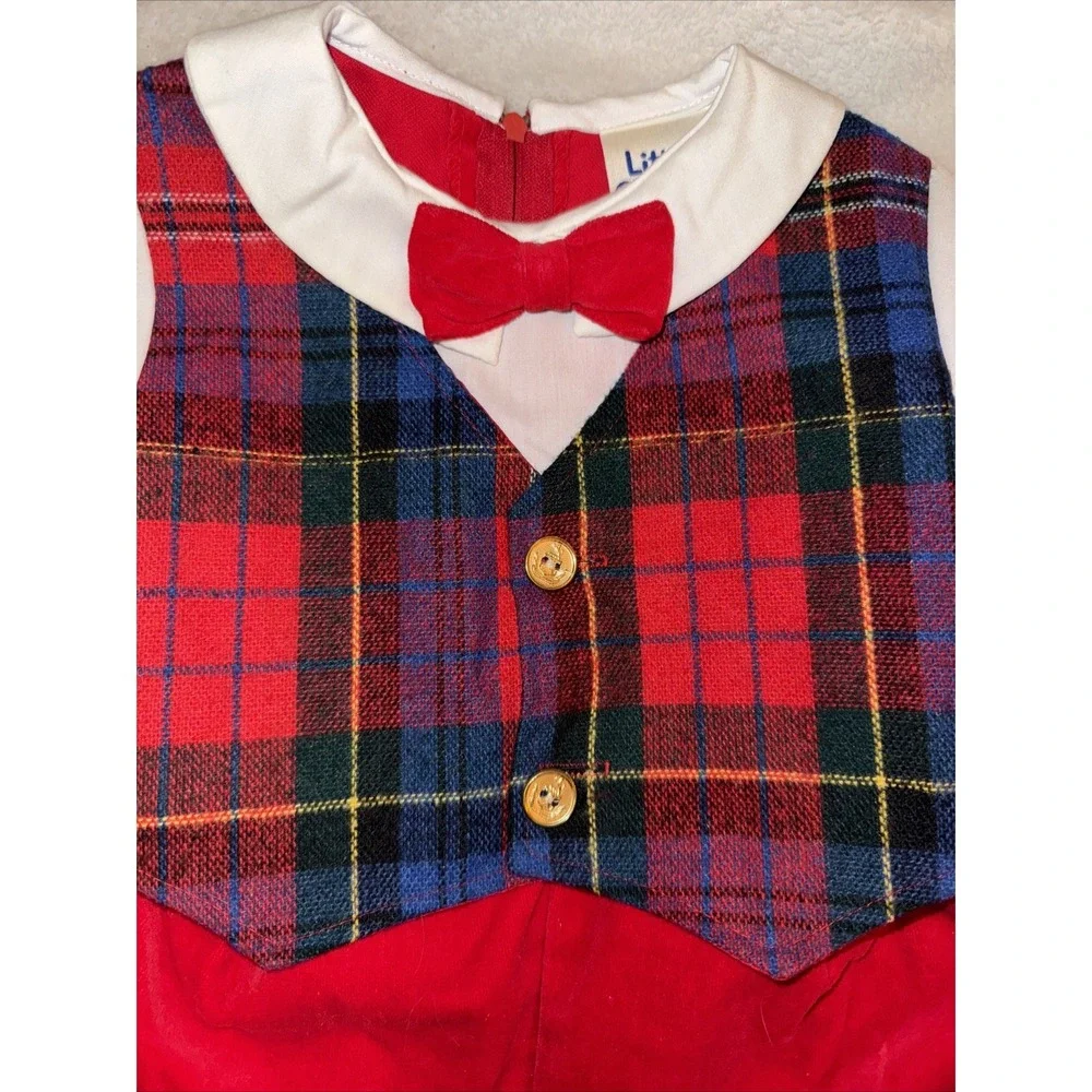 Vtg Little Goodies One Piece Baby Suit Vest Bow Tie Plaid Christmas Sz 18 M